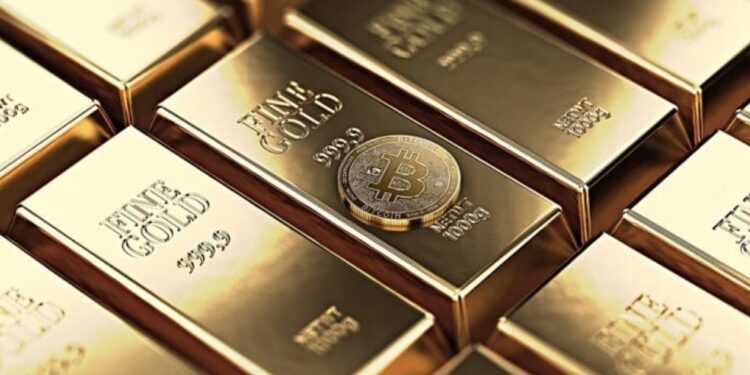 Lingotes de oro organizados con una moneda física de bitcoin dorada.