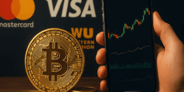 Una mano sostiene un teléfono móvil, al lado unas monedas de bitcoin y al fondo se distinguen los logotipos de Mastercard, Visa y Western Union sobre un fondo oscuro.