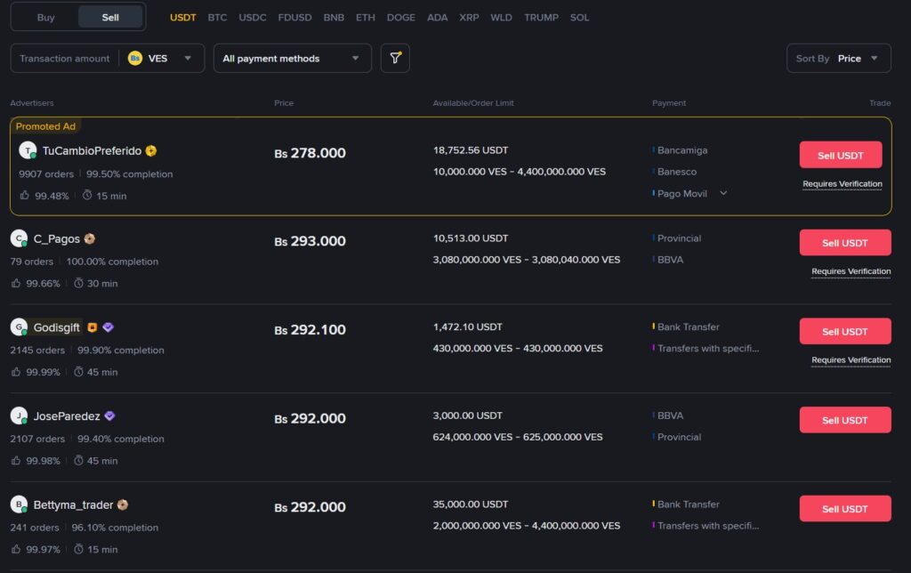 Captura de pantalla del P2P de Binance para la venta de USDT por bolívares.