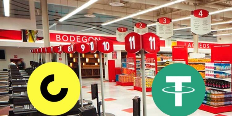 Supermercado de Venezuela con logos de USDT y Cashea.