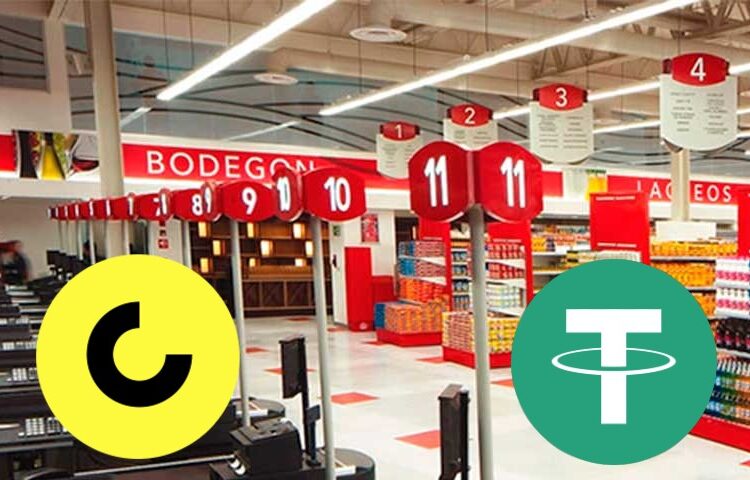 Supermercado de Venezuela con logos de USDT y Cashea.