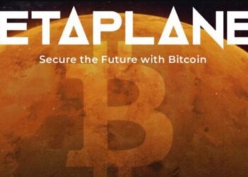 Logo de Metaplanet junto a un planeta rojo y el logo de bitcoin.