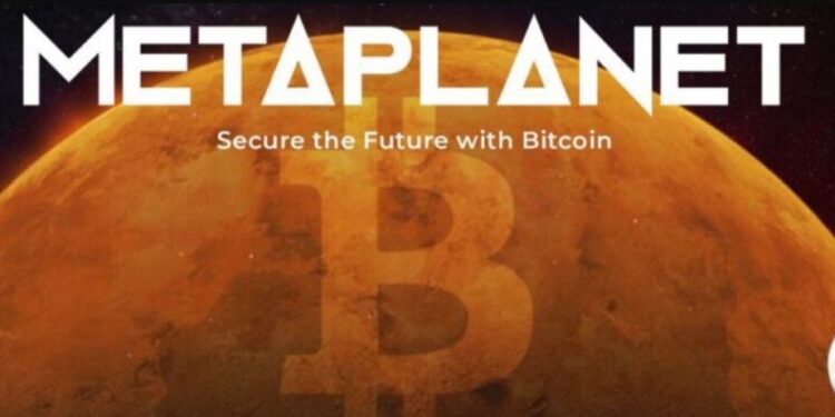Logo de Metaplanet junto a un planeta rojo y el logo de bitcoin.