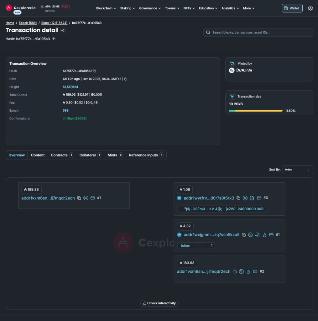 Screenshot del explorador de bloques CEXplorer donde se ve la emisión del token NIGHT.