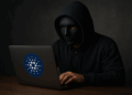 Imagen realista y horizontal que muestra a una persona con una máscara negra lisa y una capucha oscura, utilizando una laptop con el logotipo de Cardano. La escena transmite privacidad y anonimato, con iluminación tenue y fondo neutro, evocando el uso de la criptomoneda de forma discreta y segura.