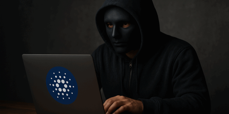 Imagen realista y horizontal que muestra a una persona con una máscara negra lisa y una capucha oscura, utilizando una laptop con el logotipo de Cardano. La escena transmite privacidad y anonimato, con iluminación tenue y fondo neutro, evocando el uso de la criptomoneda de forma discreta y segura.