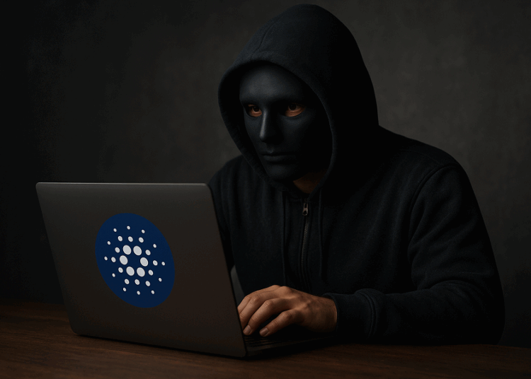 Imagen realista y horizontal que muestra a una persona con una máscara negra lisa y una capucha oscura, utilizando una laptop con el logotipo de Cardano. La escena transmite privacidad y anonimato, con iluminación tenue y fondo neutro, evocando el uso de la criptomoneda de forma discreta y segura.