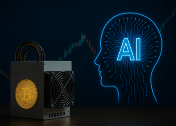 Equipo de minería de Bitcoin con una moneda dorada del logo “₿” en el frente, junto a una figura digital azul en forma de cabeza humana con el texto “AI” y circuitos iluminados.