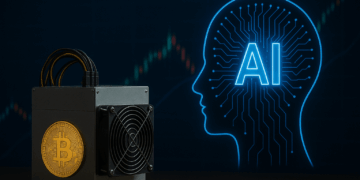 Equipo de minería de Bitcoin con una moneda dorada del logo “₿” en el frente, junto a una figura digital azul en forma de cabeza humana con el texto “AI” y circuitos iluminados.