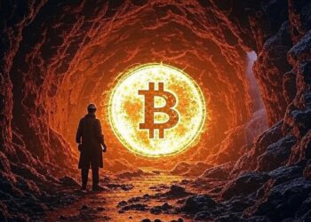 Minero solitario se encuentra en una cueva oscura frente a un símbolo de Bitcoin que emite una luz naranja