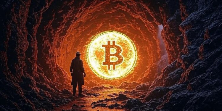 Minero solitario se encuentra en una cueva oscura frente a un símbolo de Bitcoin que emite una luz naranja