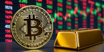 Moneda de bitcoin dorada junto con un lingote de oro y un fondo bursátil.