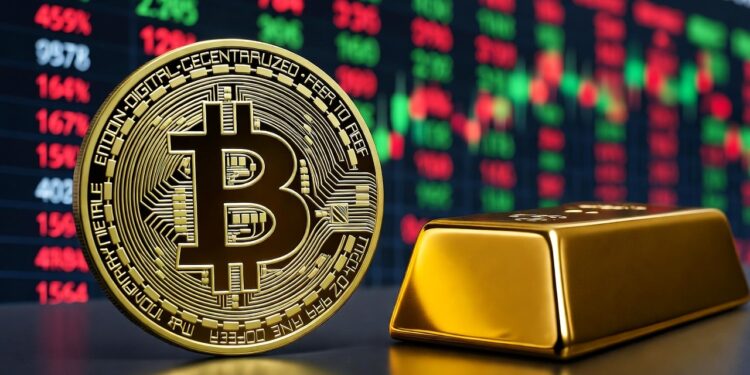 Moneda de bitcoin dorada junto con un lingote de oro y un fondo bursátil.