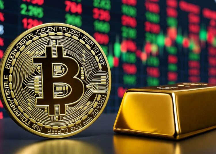 Moneda de bitcoin dorada junto con un lingote de oro y un fondo bursátil.