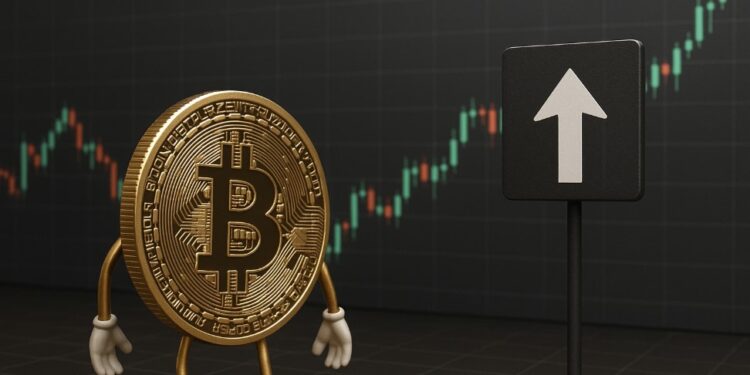 Moneda física de bitcoin de pie con un letrero que tiene una flecha que apunta hacia arriba, y de fondo una gráfica de mercados.