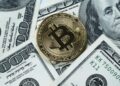 Moneda física de bitcoin dorada rodeada de billetes físicos de 100 dólares.