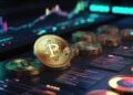Varias monedas de bitcoin doradas sobre un escritorio con aparatos informáticos.