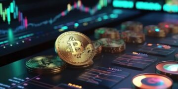 Varias monedas de bitcoin doradas sobre un escritorio con aparatos informáticos.