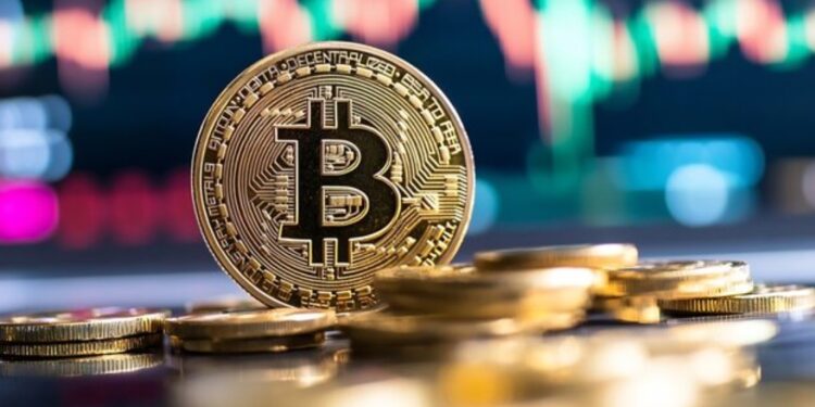 Moneda física de bitcoin dorada sobre un escritorio.