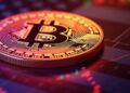 Moneda física de bitcoin dorada sobre una bandera y gráficas rojas.
