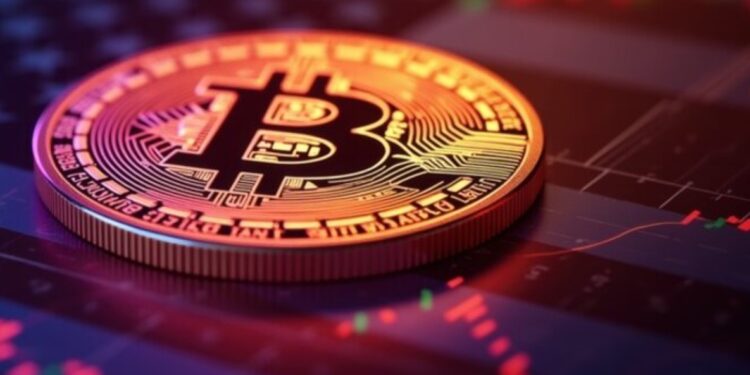Moneda física de bitcoin dorada sobre una bandera y gráficas rojas.