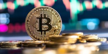 Moneda física de bitcoin dorada sobre un escritorio.
