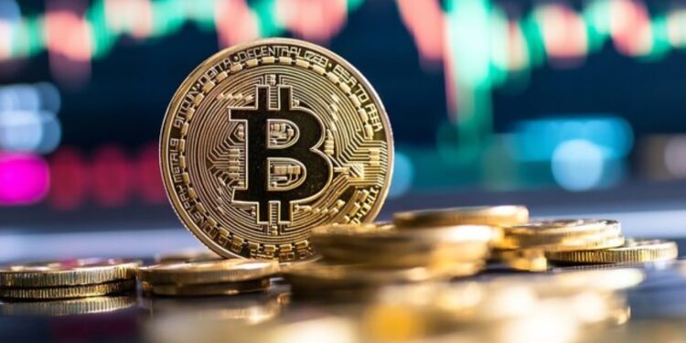 Moneda física de bitcoin dorada sobre un escritorio.