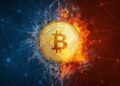 Moneda física de bitcoin dorada con fondo rojo y azul.