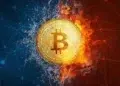 Logo de Bitcoin entre una franja azul y una roja.