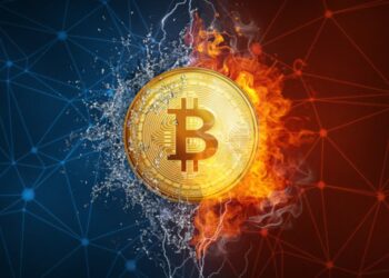 Moneda física de bitcoin dorada con fondo rojo y azul.