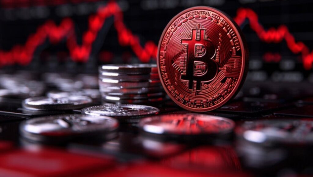 Moneda física de bitcoin dorada con otras monedas apiladas y un fondo de gráficas rojas.