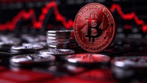 Moneda física de bitcoin dorada con otras monedas apiladas y un fondo de gráficas rojas.