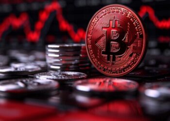 Moneda física de bitcoin dorada con otras monedas apiladas y un fondo de gráficas rojas.