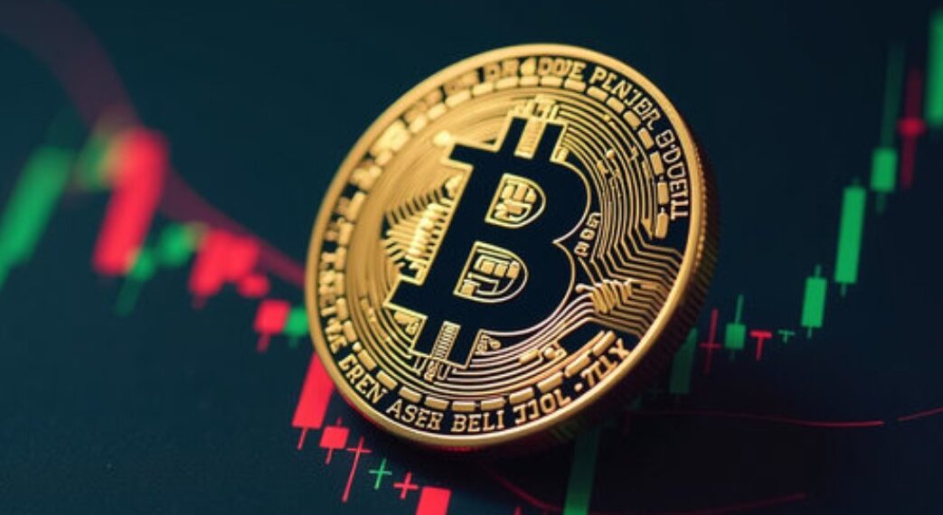 Moneda física de bitcoin dorada sobre gráficos de mercado con velas rojas y verdes.