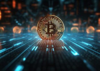 Moneda física de BTC sobre una mesa azul.