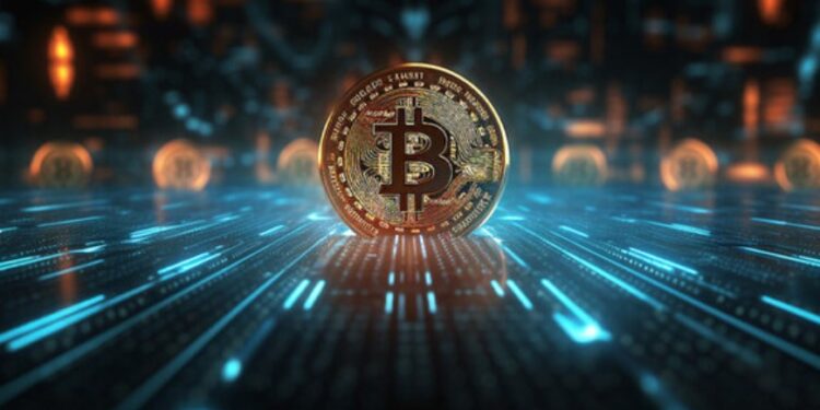 Moneda física de BTC sobre una mesa azul.