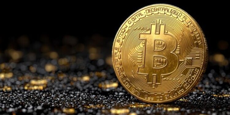 Moneda física de bitcoin dorada con suelo de piedras y fondo negro.