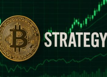 Moneda física de bitcoin dorada con la palabra Strategy al lado y de fondo una gráfica en verde.
