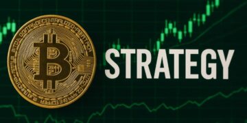 Moneda física de bitcoin dorada con la palabra Strategy al lado y de fondo una gráfica en verde.