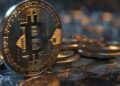 Moneda fรญsica de bitcoin dorada sobre una mesa de piedra.