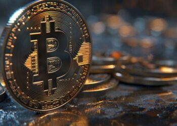 Moneda física de bitcoin dorada sobre una mesa de piedra.