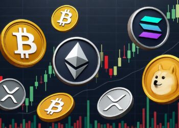 Monedas de bitcoin doradas y de ETH, XRP, SOL, y DOGE plateadas cayendo con un gráfico de precios en el fondo.