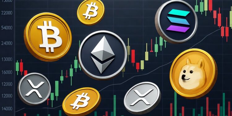 Monedas de bitcoin doradas y de ETH, XRP, SOL, y DOGE plateadas cayendo con un gráfico de precios en el fondo.