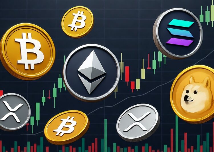 Monedas de bitcoin doradas y de ETH, XRP, SOL, y DOGE plateadas cayendo con un gráfico de precios en el fondo.