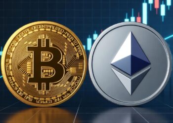 Dos monedas físicas una de bitcoin y otra de Ethereum con un fondo de gráfico de precios.
