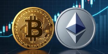 Dos monedas físicas una de bitcoin y otra de Ethereum con un fondo de gráfico de precios.