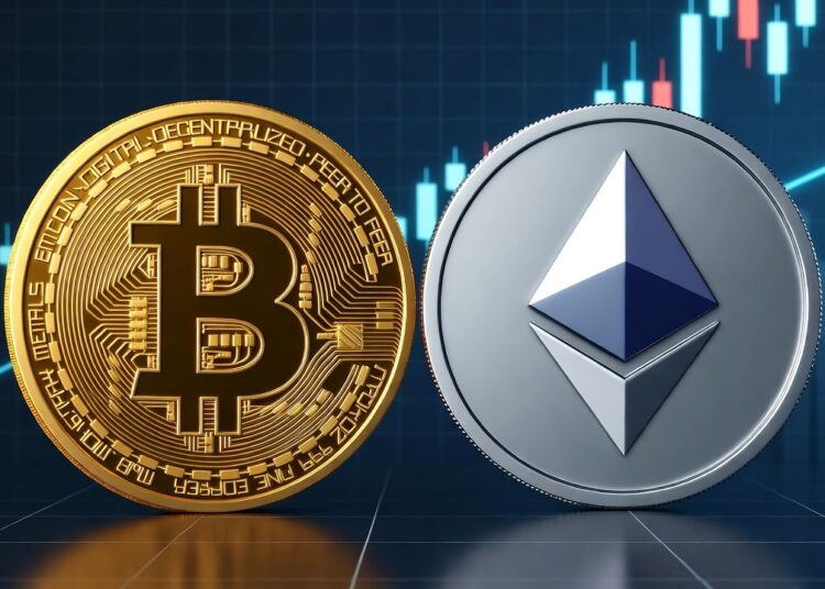 Dos monedas físicas una de bitcoin y otra de Ethereum con un fondo de gráfico de precios.