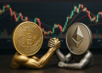 Monedas físicas de bitcoin y ethereum jugando pulsadas con gráfico de mercados en el fondo.