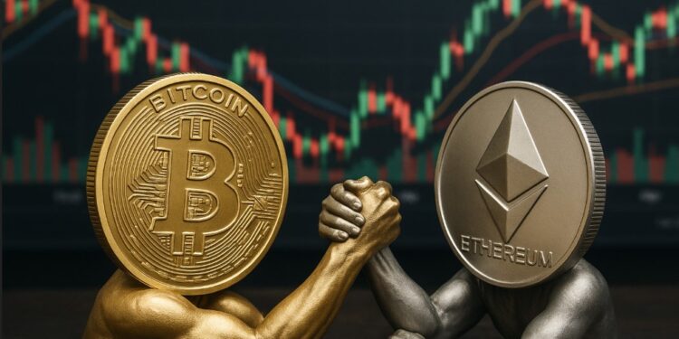 Monedas físicas de bitcoin y ethereum jugando pulsadas con gráfico de mercados en el fondo.