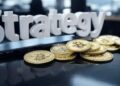 Monedas físicas de bitcoin doradas en un escritorio con el logo de Strategy.